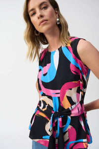 Joseph Ribkoff - Brushstroke Print Waist Sash Sleeveless Top