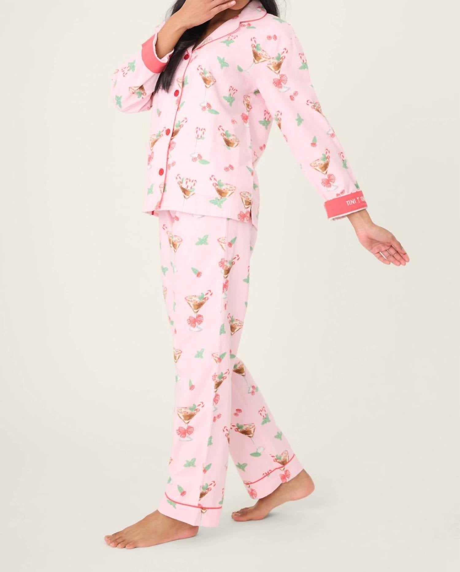 PJ Salvage Tini Time Drink Print 3-piece Flannel Pajama Set in pink - women's intimate - detail view