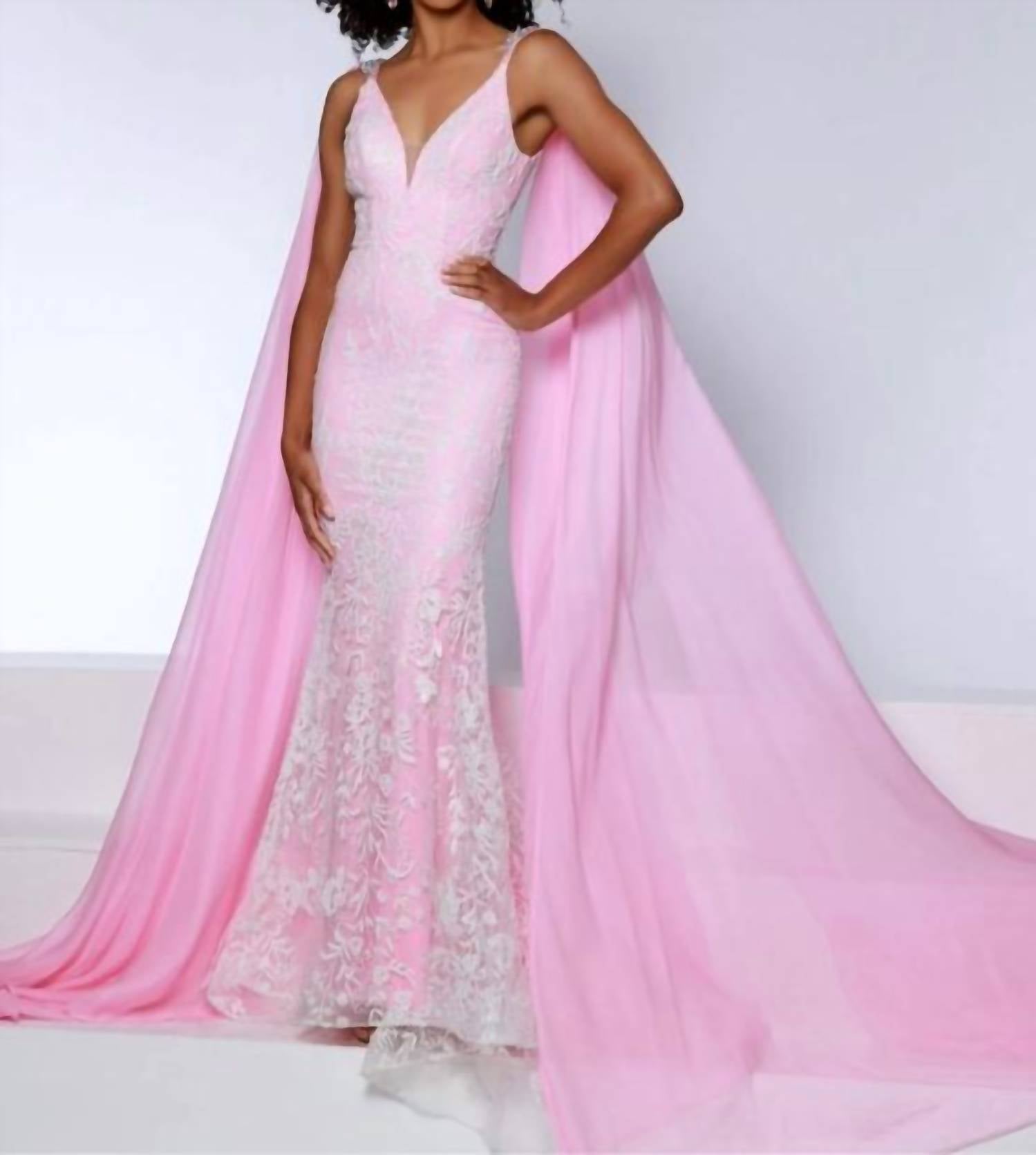 Johnathan Kayne Shoulder Drapes Mesh Gown in petal pink - women's dress
