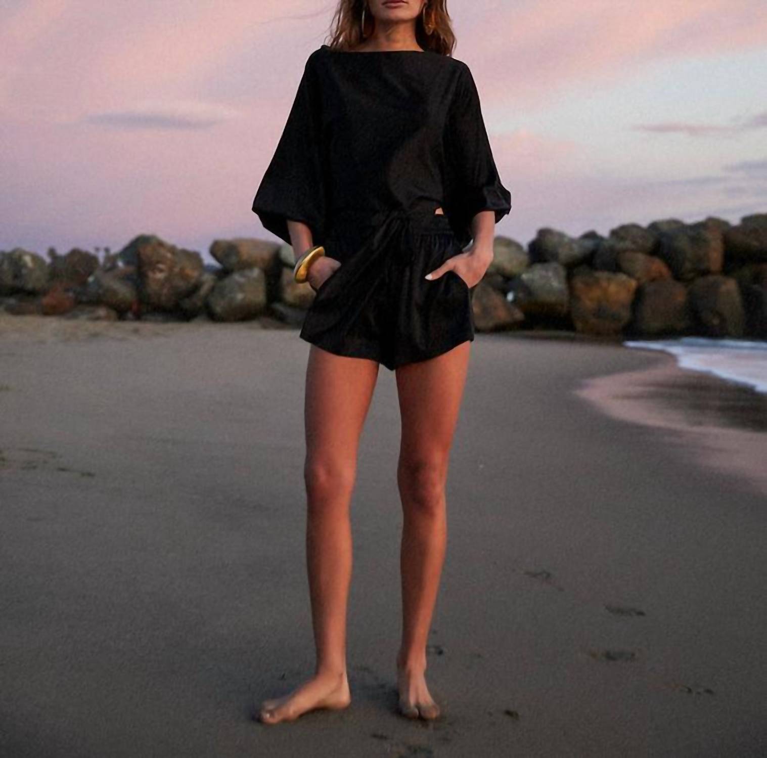 Beryll Ali Silk Wrap Top in black - women's t-shirt - detail view