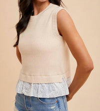 Anniewear - Mix Media Embroidery Layered Rib Sweater Top