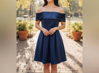 Eliza J Off Shoulder Sequin Mini Dress in navy - women's dress