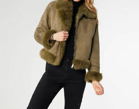 COCO + CARMEN Dion Faux Fur Moto Jacket in olive - women's jacket - alternate view