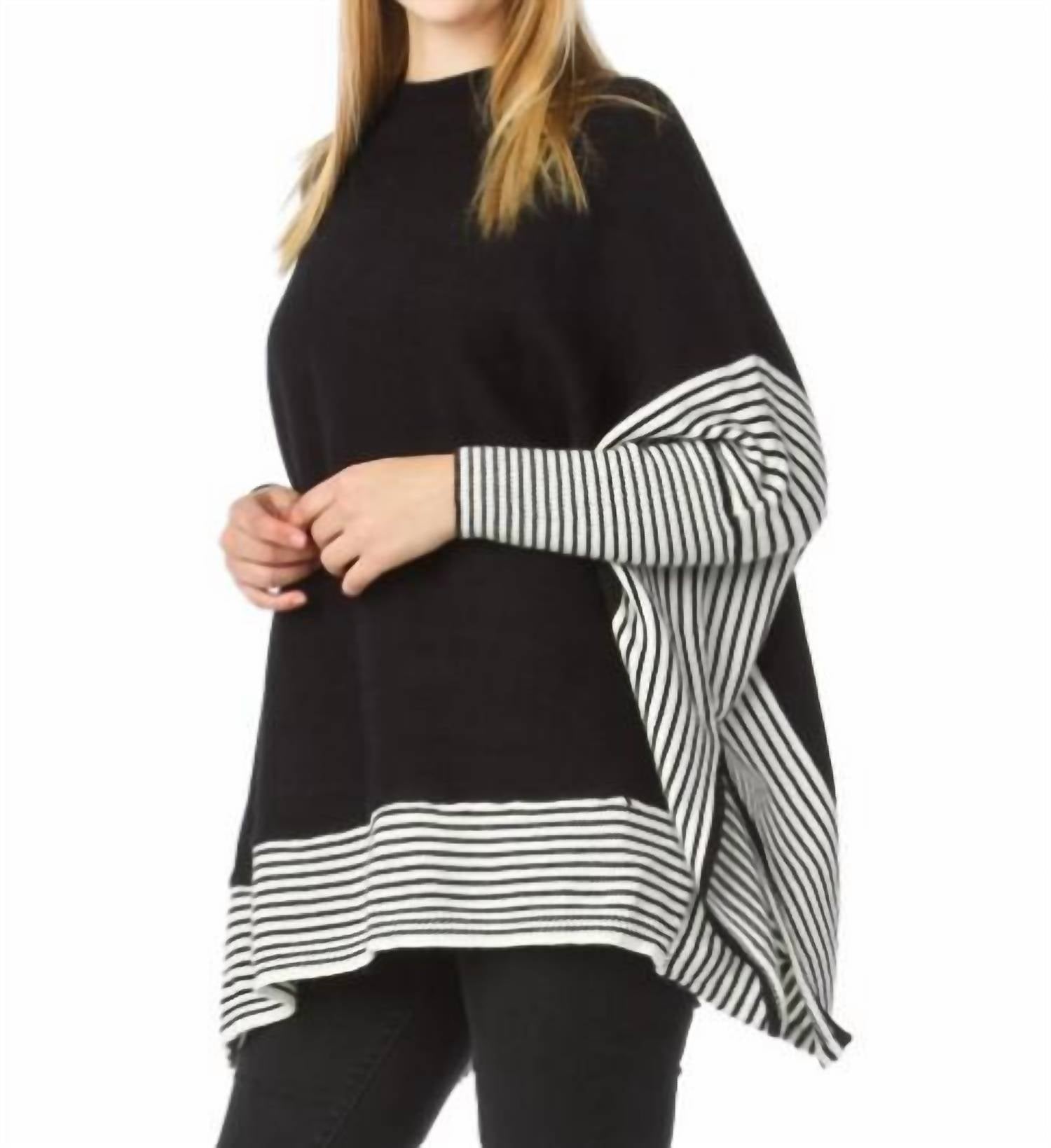 Papillon - Knit Sleeved Poncho With Stripe Contrast Border