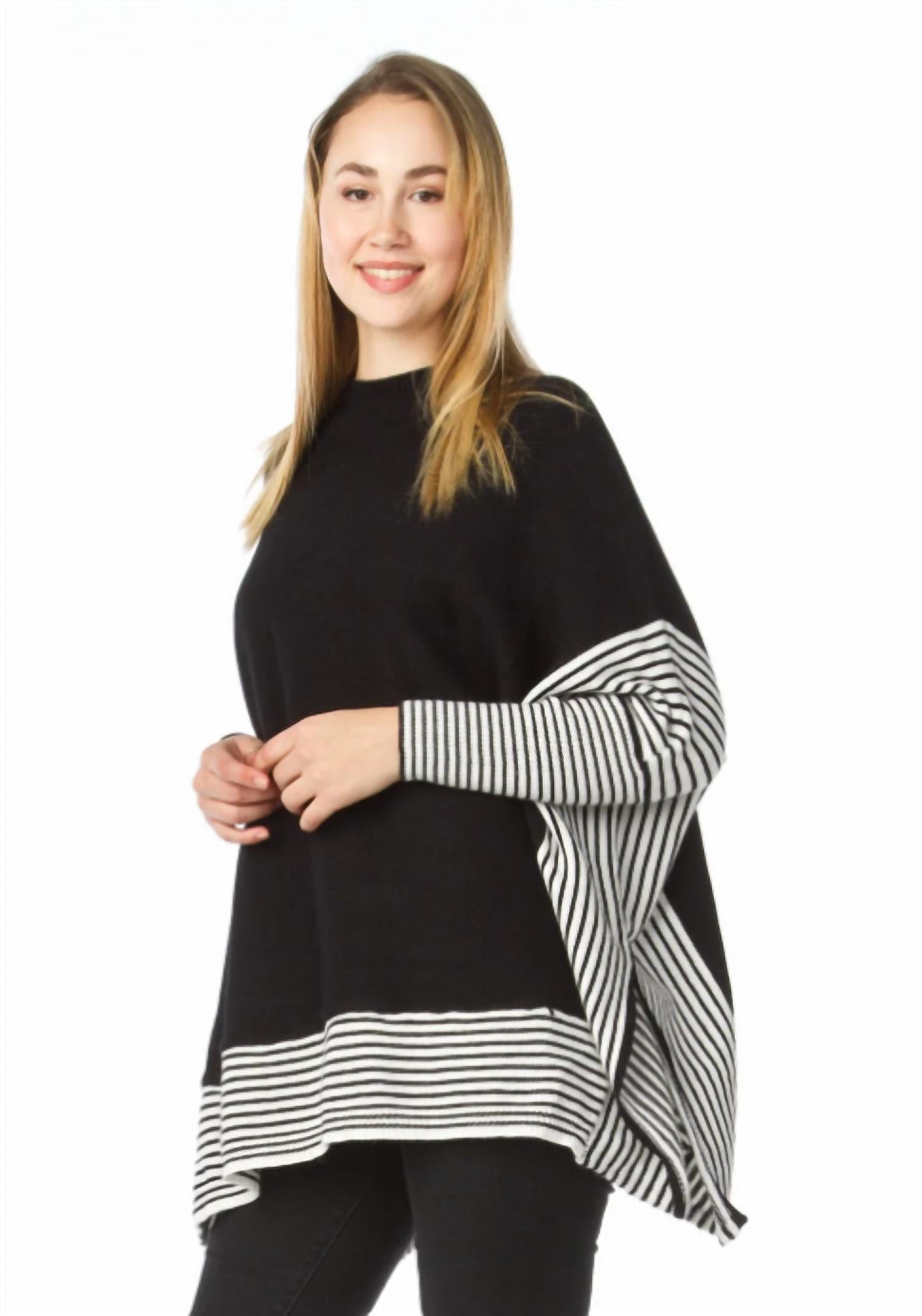 Papillon - Knit Sleeved Poncho With Stripe Contrast Border
