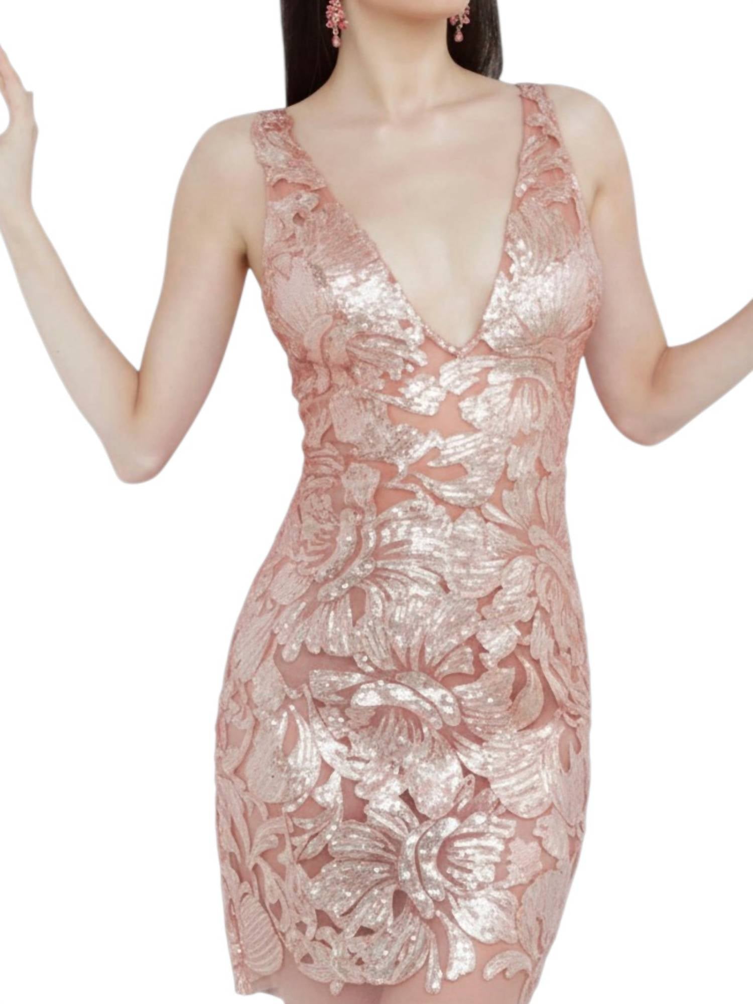 JOVANI Embellished Fitted Cocktail Dress in rose gold - women's dress