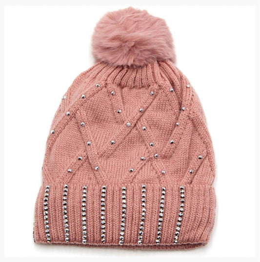 Sw Trading - Ribbed Rhinestone Beanie with Pom Pom