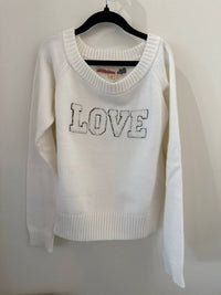 Vintage Havana Girl's Chennille Patch Love Sweater in ivory - kids' sweater - detail view