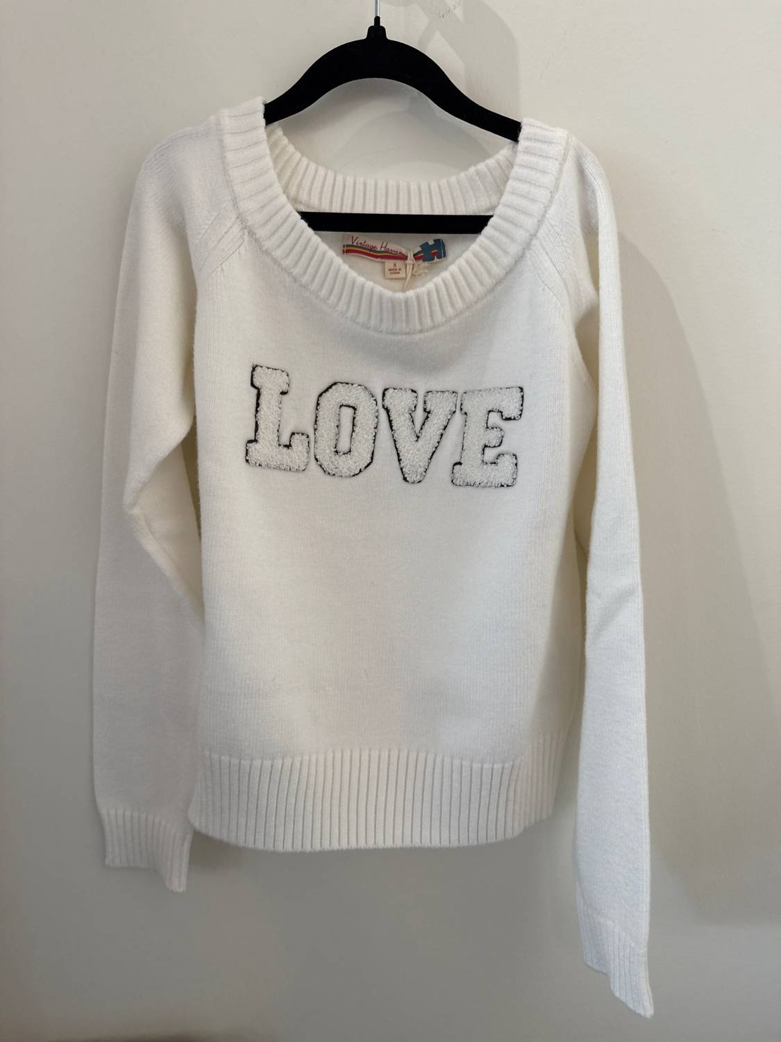 Vintage Havana Girl's Chennille Patch Love Sweater in ivory - kids' sweater - detail view