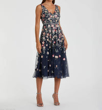 Mac Duggal - V-neck Sleeveless Midi Floral Beaded A-line Dress