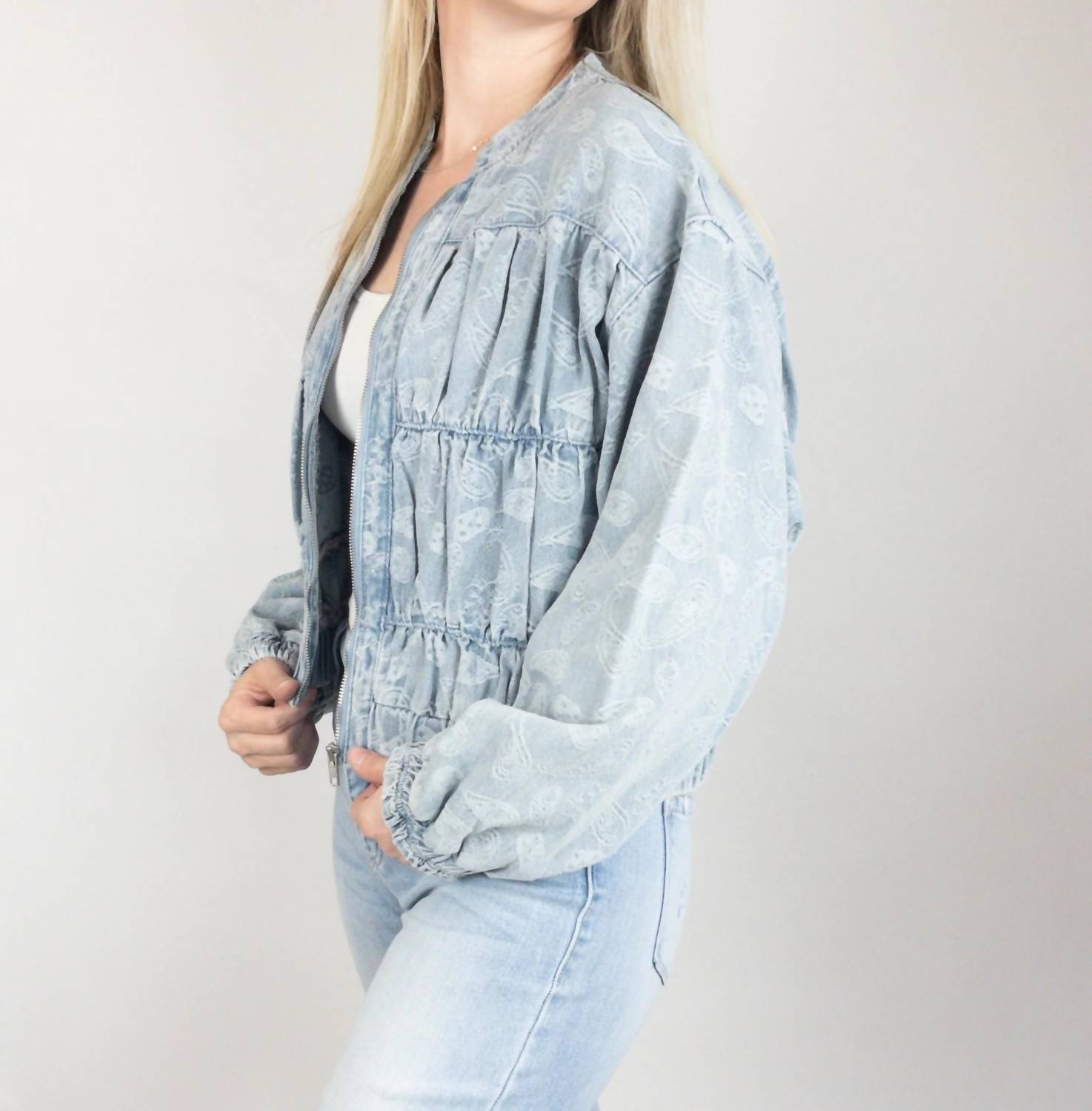 Mystree - Paisley Ruched Denim Bomber Jacket