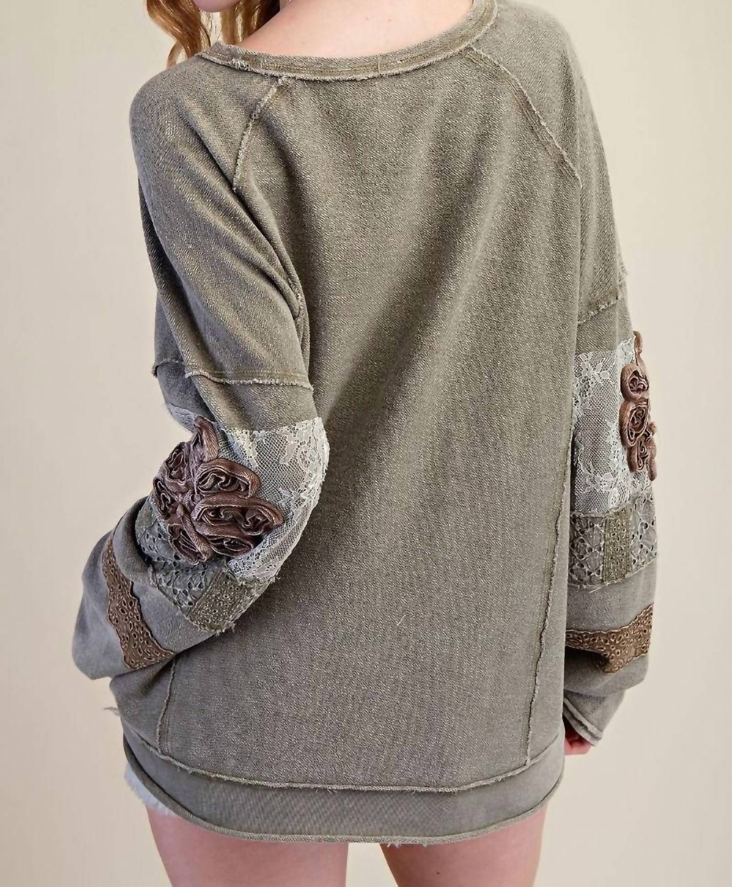 Easel Inside Out Washed Terry Pullover in faded olive - women's sweater - alternate view