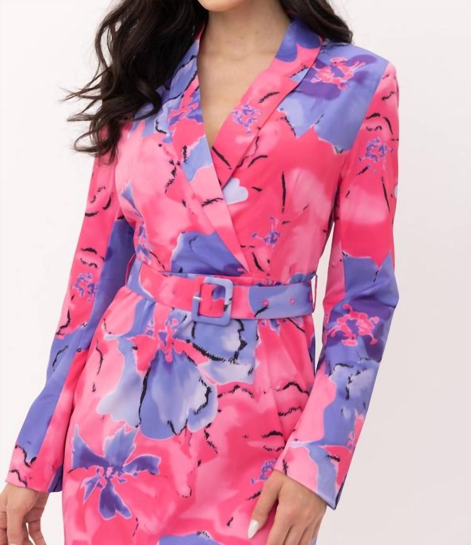 Tea & Cup - Floral Print Belted Blazer Dress