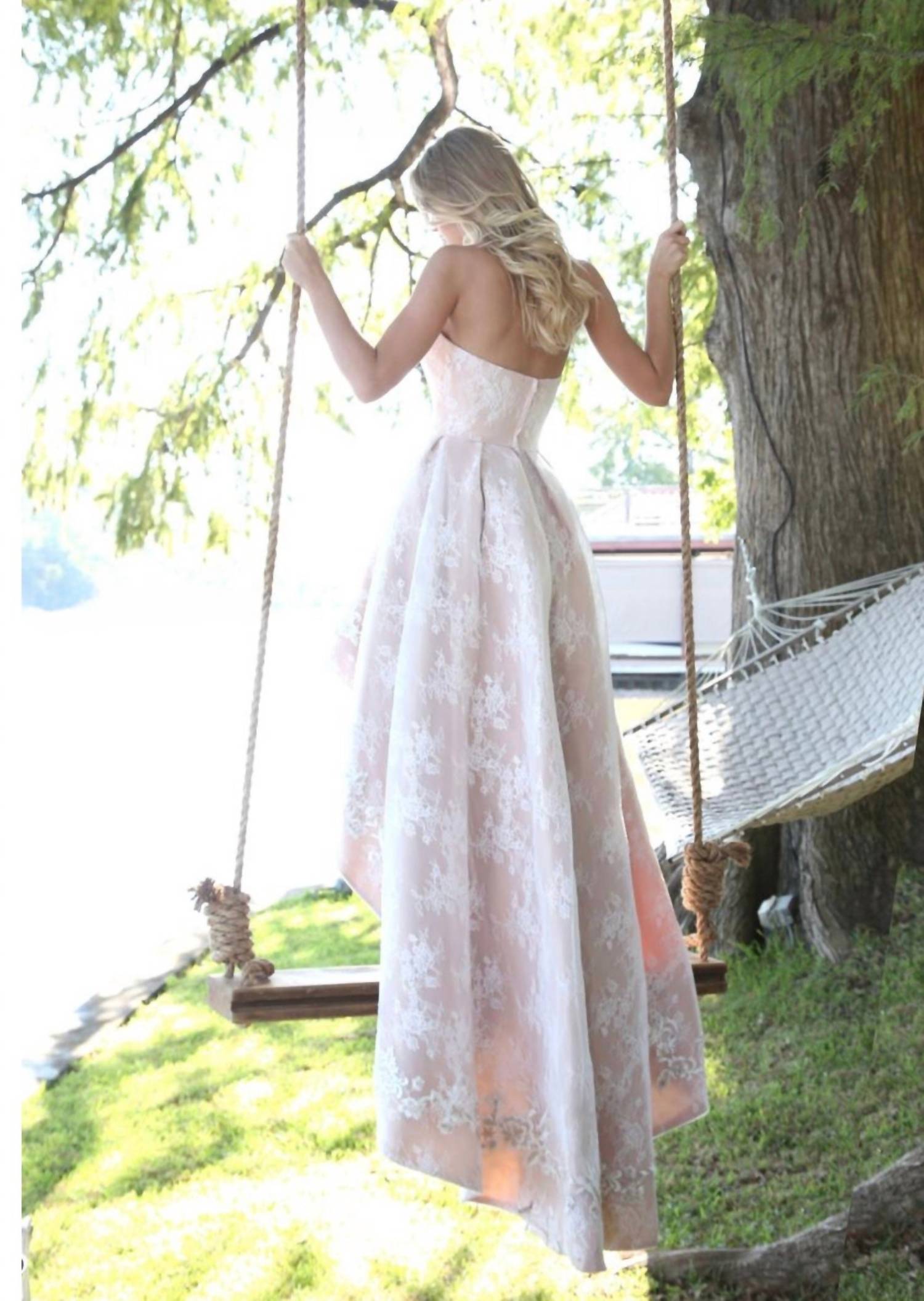 Sherri Hill Lace Floral Embroidered High Low Gown in ivory - women's dress - alternate view