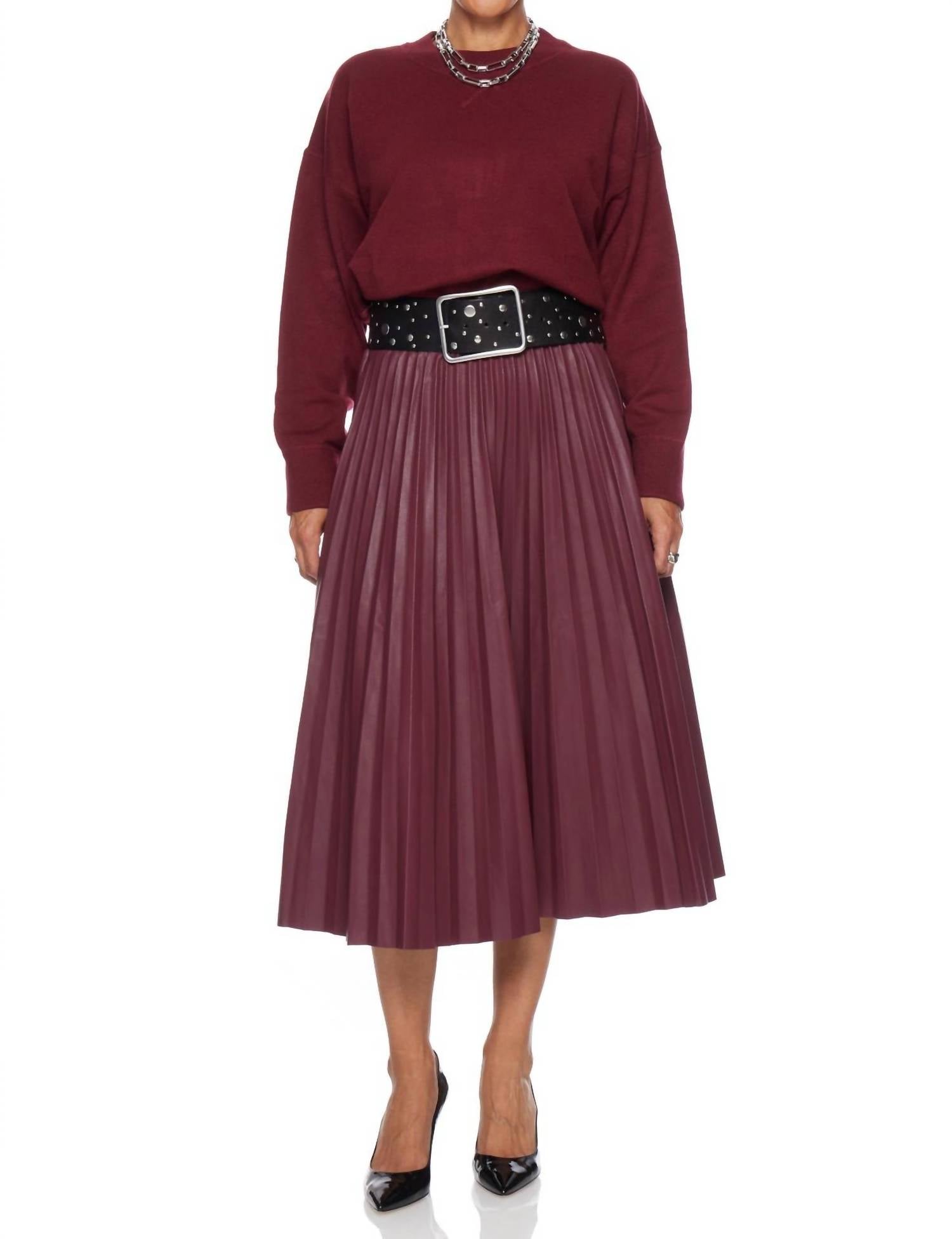 PINCH Pleated Pu Leather Skirt in burgundy - women's skirt - view 4