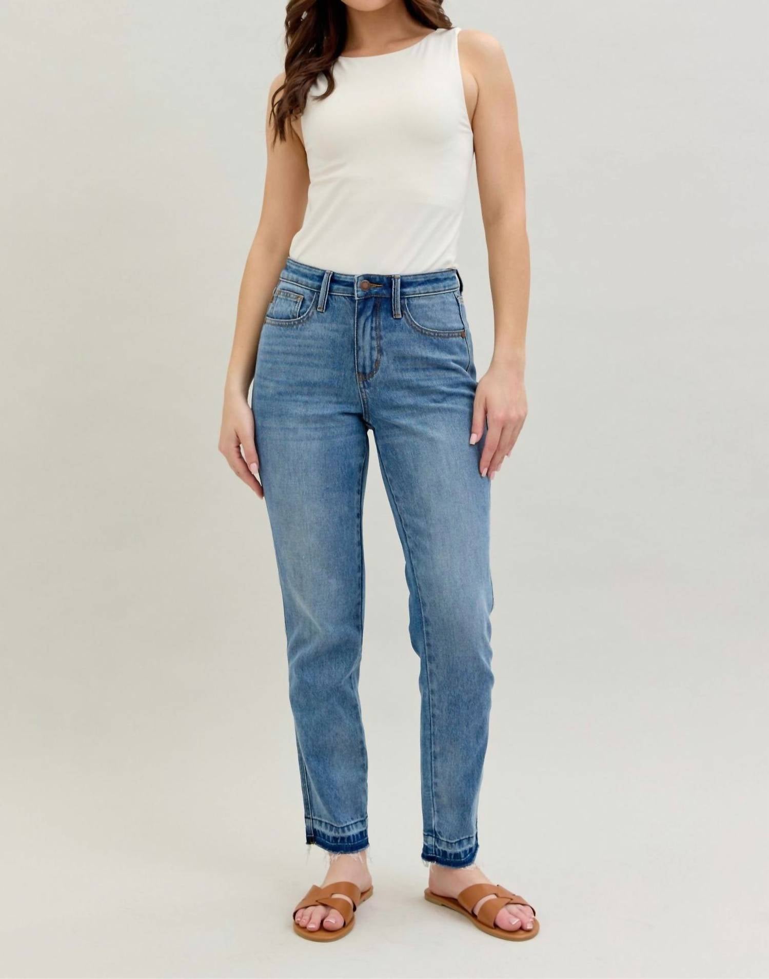 Judy Blue Midrise Magic Hem Release Jean in med wash - women's jeans - detail view