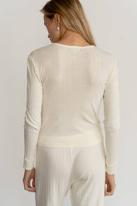 DONNI. Pointelle Long Sleeve Top in creme 1 - women's long sleeve top - detail view