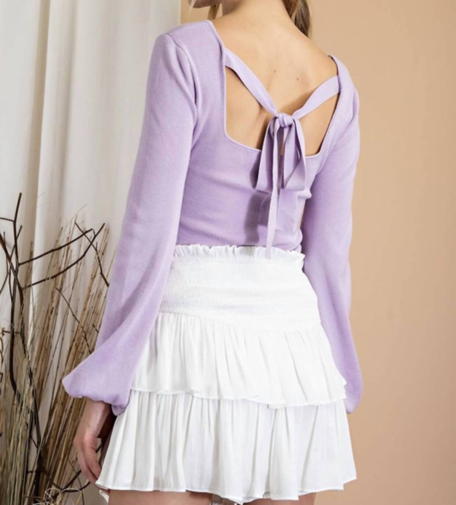 Ee:Some - Penny Puff Sleeve Back Tie Sweater Top