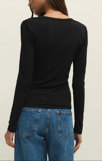 Z Supply Second Skin Crew Shirt Top in black - women's long sleeve top - detail view