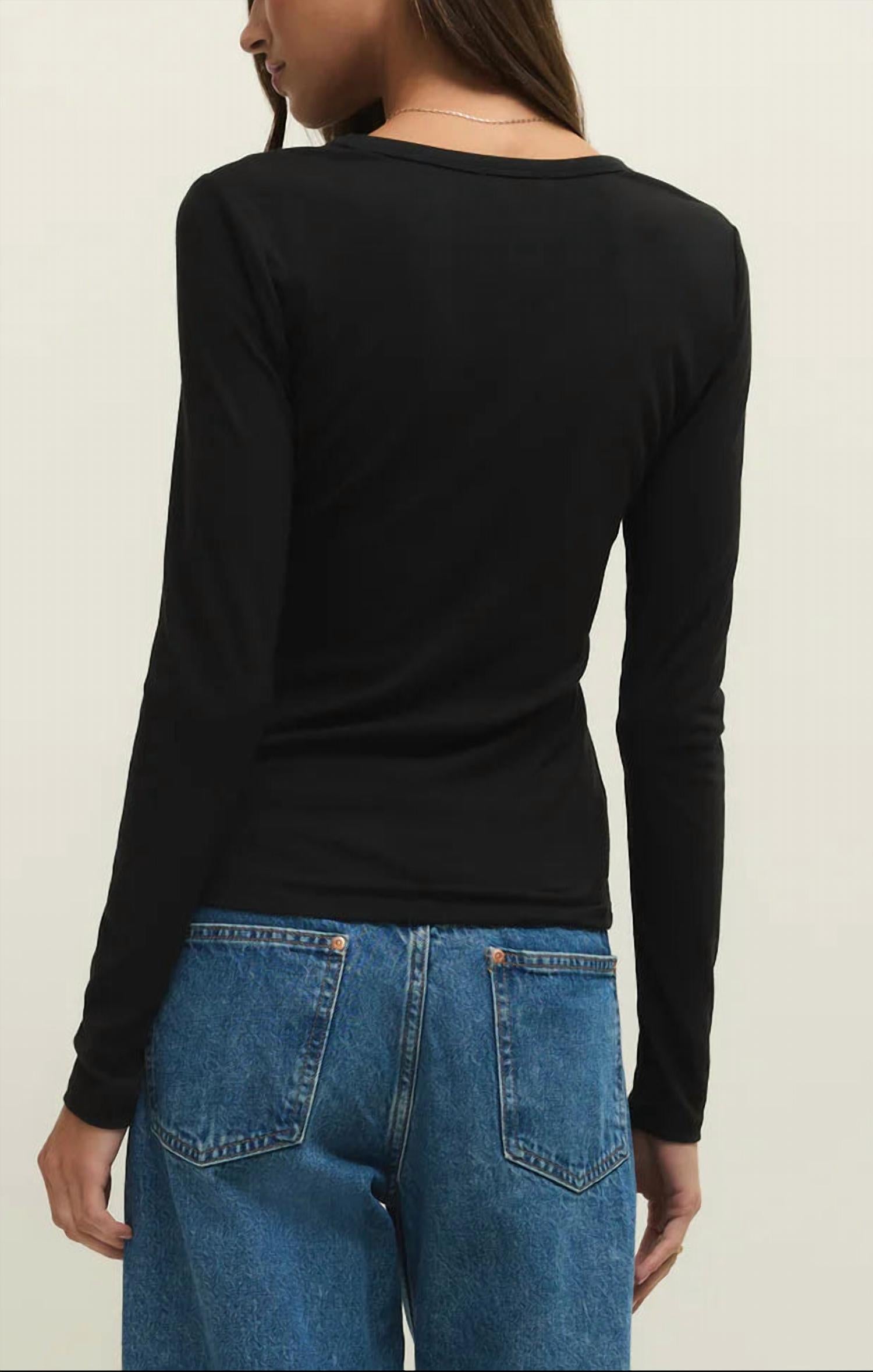 Z Supply Second Skin Crew Shirt Top in black - women's long sleeve top - detail view