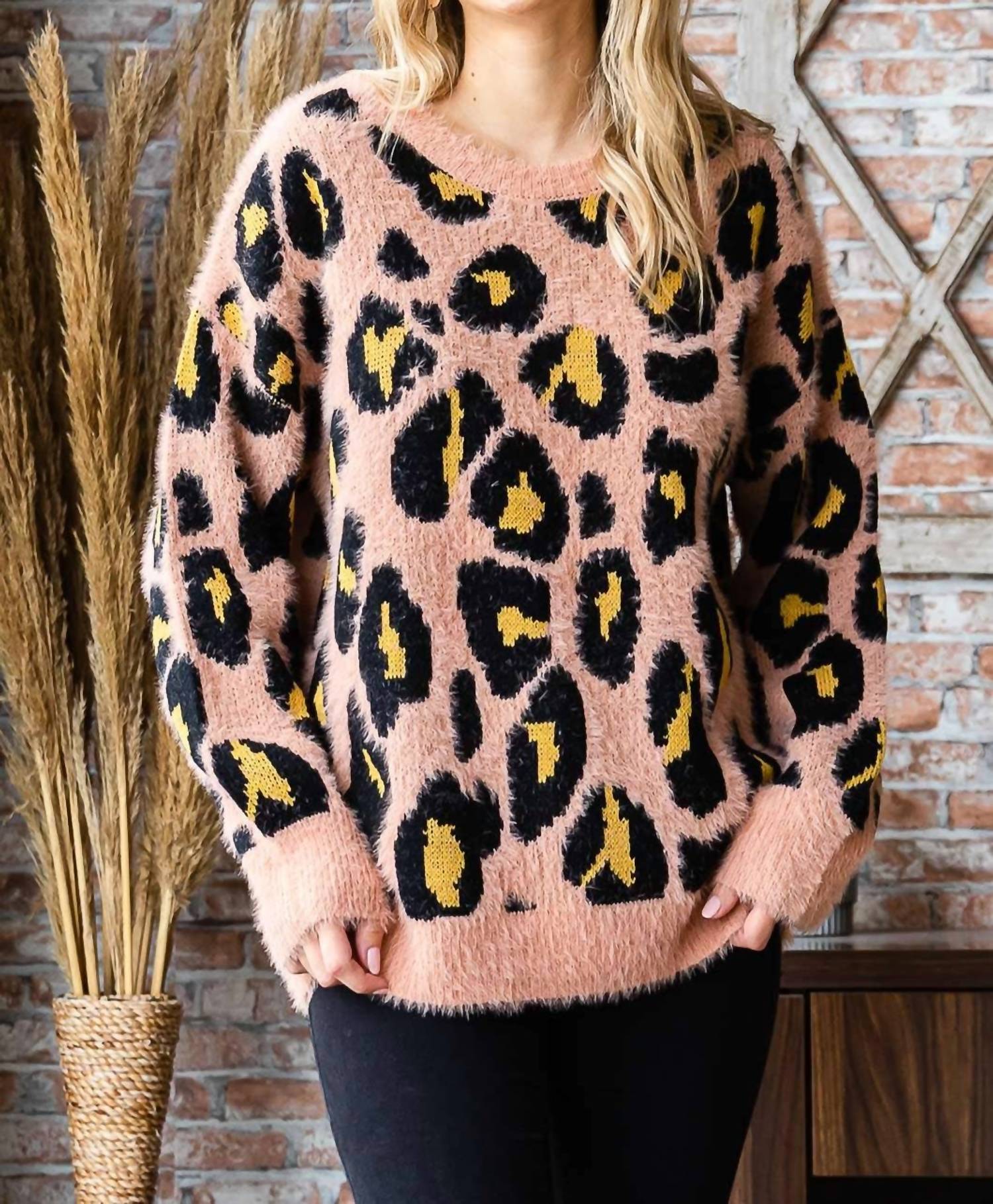 Cotton Bleu - Leopard Print Round Neck Sweater