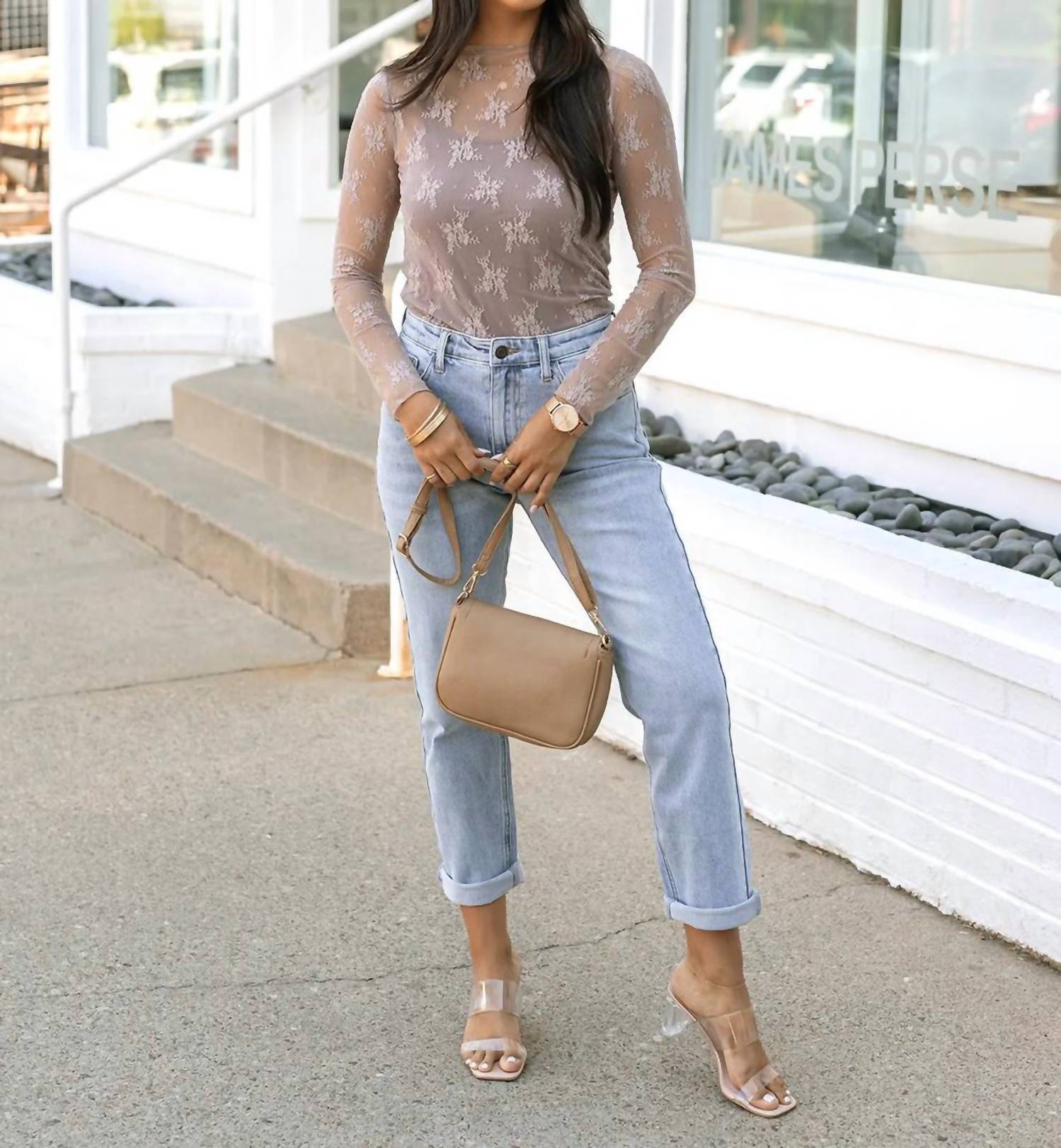 Grace and Lace Floral Lace Mesh Long Sleeve Top in taupe - women's long sleeve top