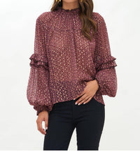 Oliphant Ruffle Sleeve Lurex Blouse in morocco petal pink with gold - women's blouse