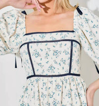 Polagram - Women's Floral Square Neck Bubble Sleeve Mini Dress