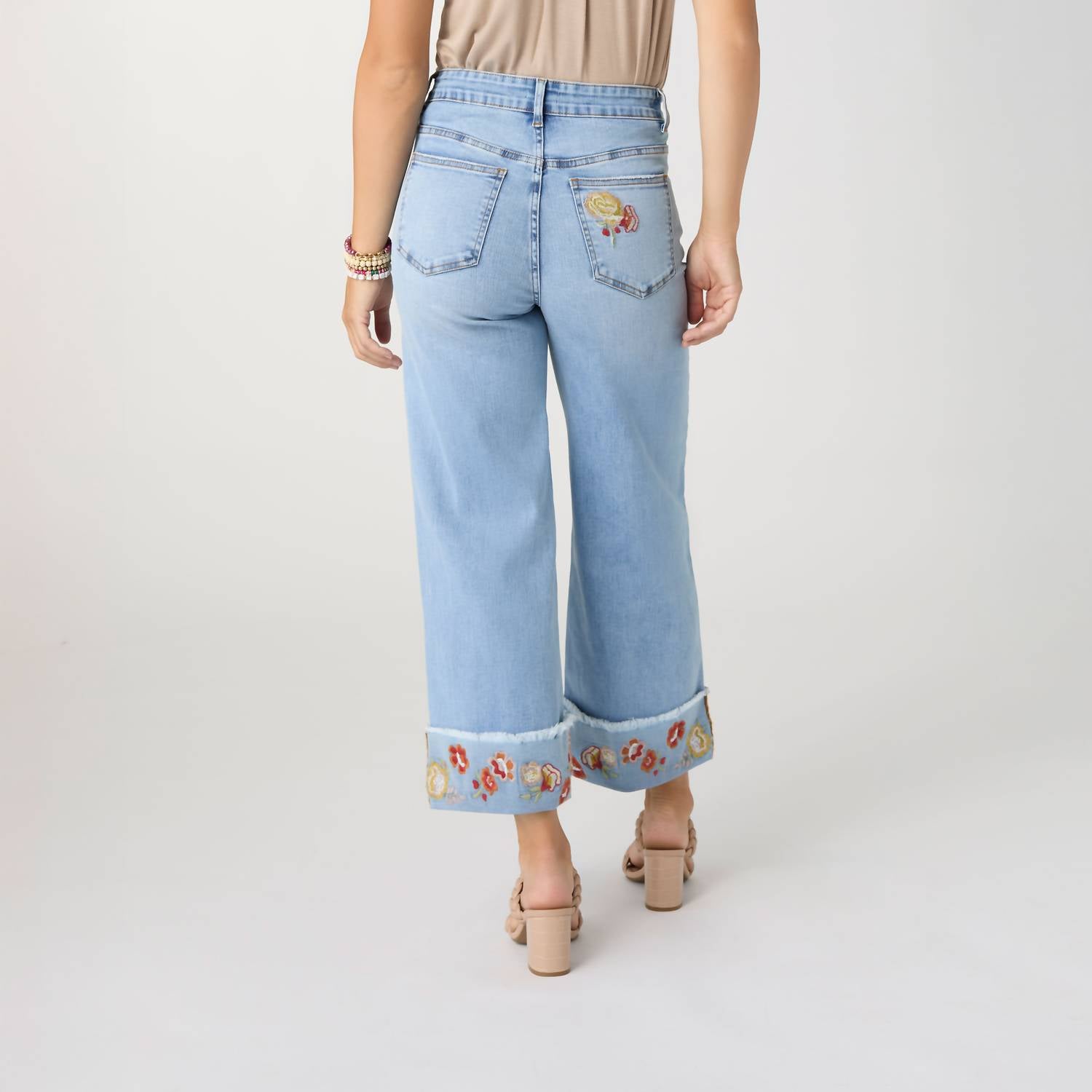 Coco + Carmen - Women's Everstretch Wide Leg Crop Embroidered Cuff Jeans