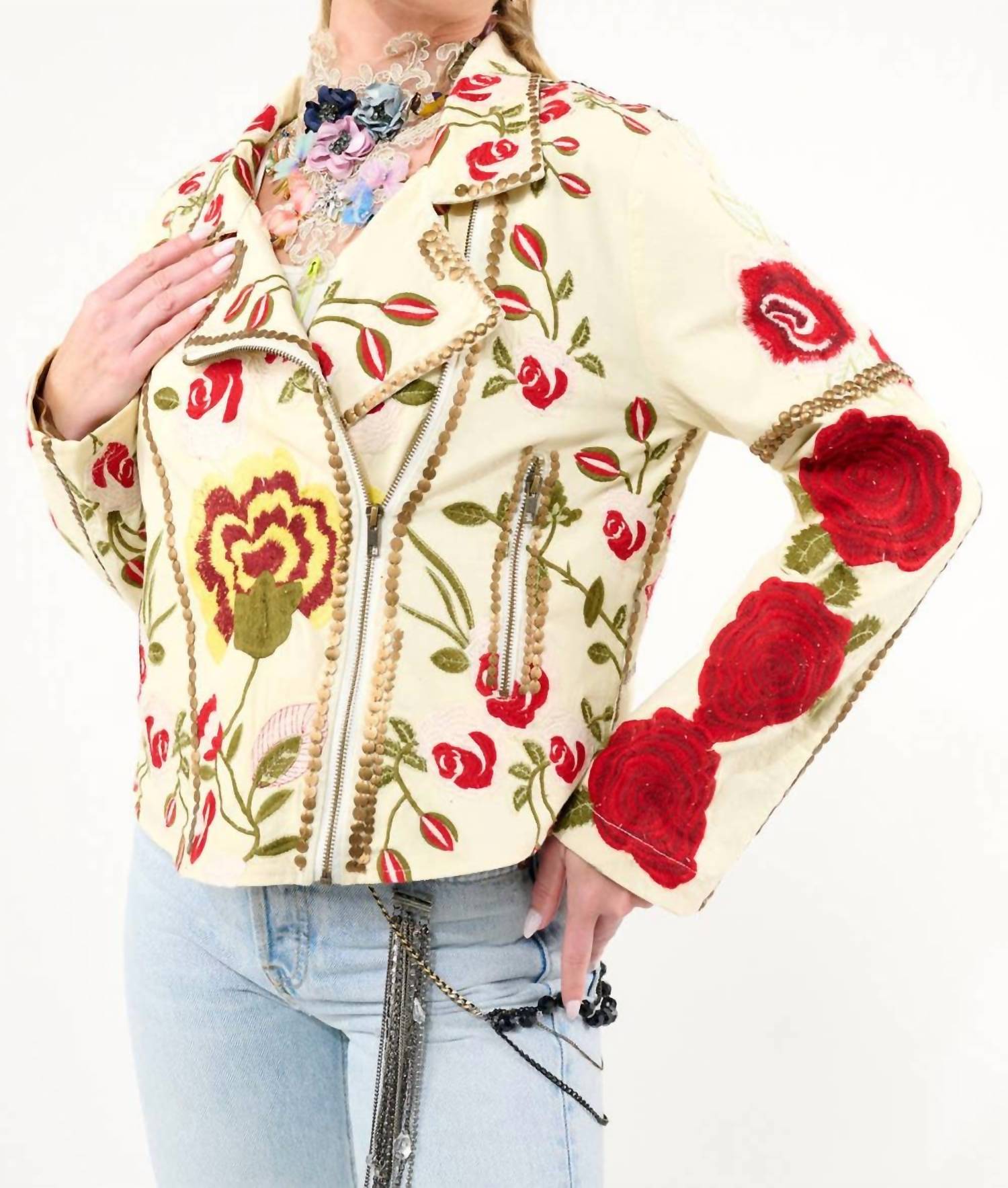 Aratta - Carmen Embroidered Denim Motorcycle Jacket
