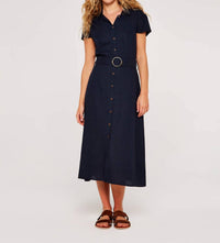 Apricot - Linen Blend Belted Shirt Midi Dress
