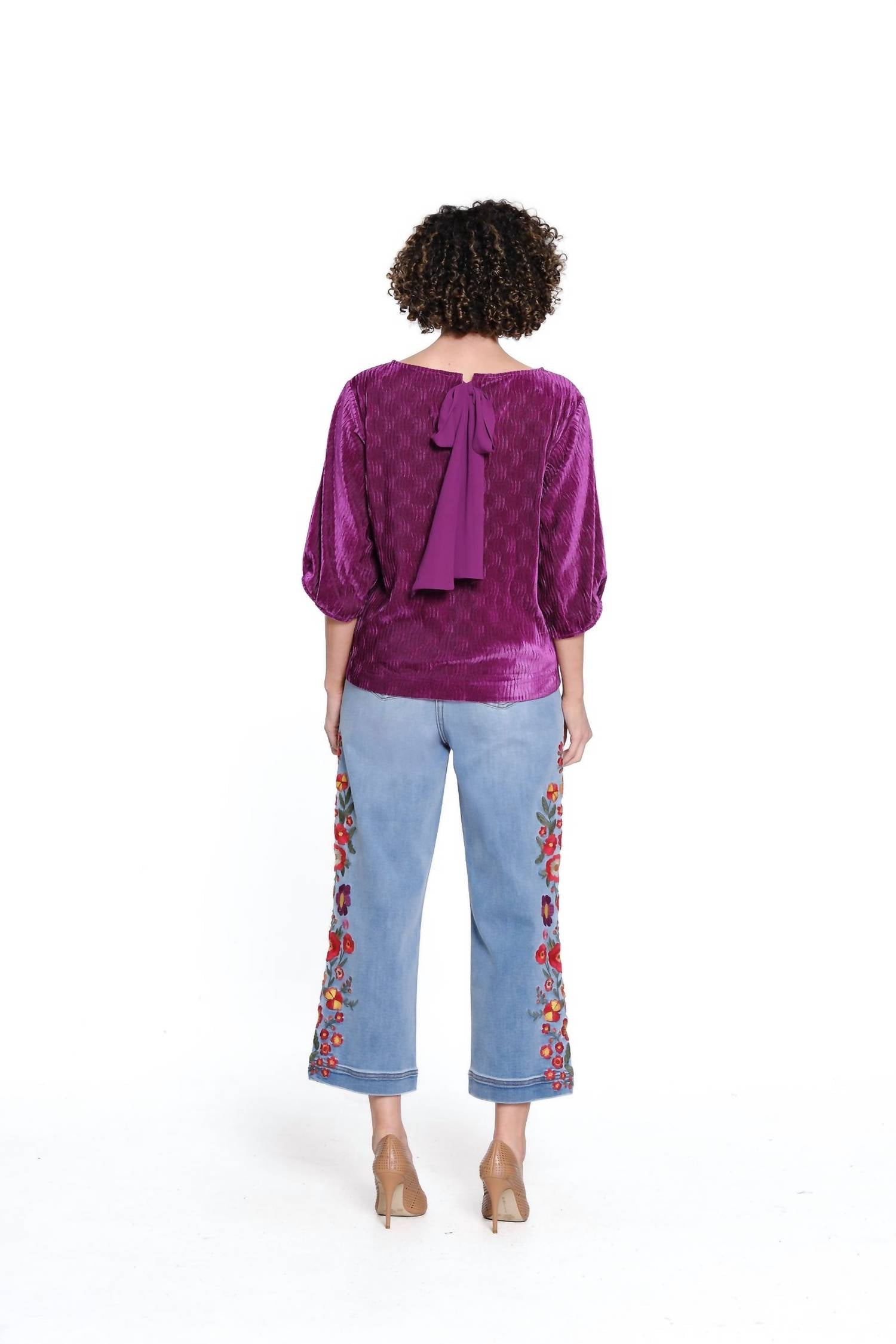 TRU LUXE Crinkle Velvet Top in plum - women's blouse - detail view