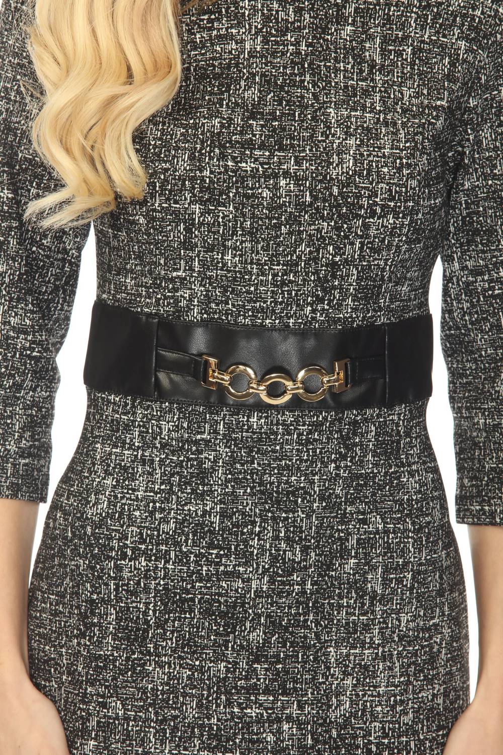 Joseph Ribkoff - Faux Leather Detail Tweed Dress