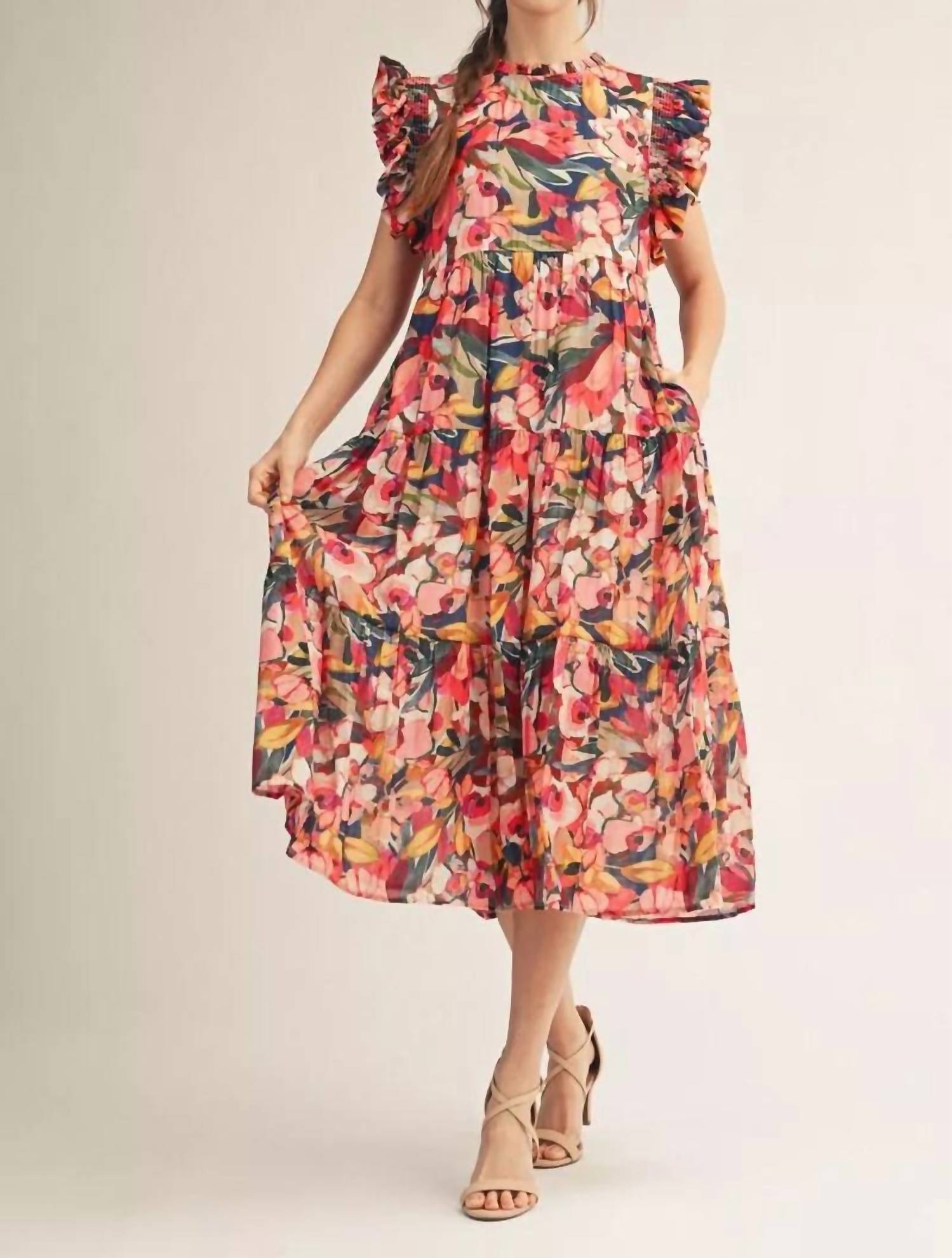 Jodifl Ruffled Cap Sleeve Dress in multi - women's dress