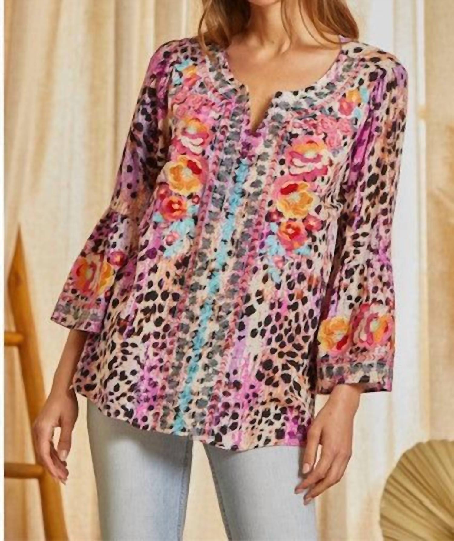 Savanna Jane Animal Print Rayon Top in magenta haze - women's blouse