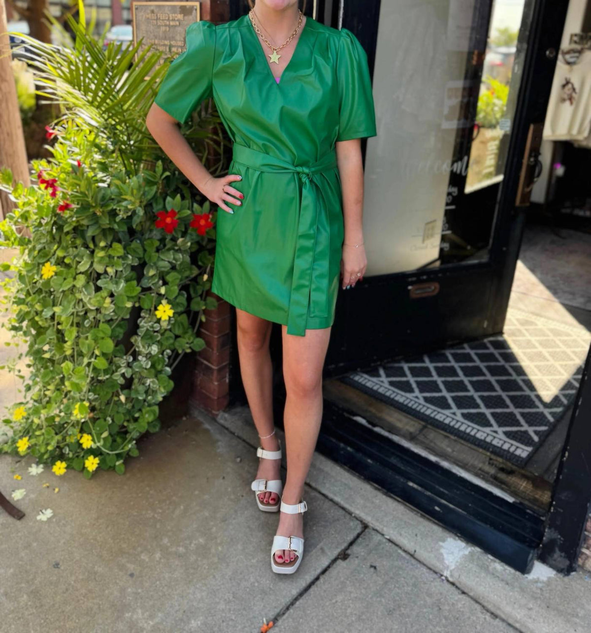 Jade - Vegan Leather V-neck Dress