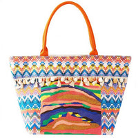 3Am By H&D Accessories - Women's Boho Print Pom Pom Fringe Tote Bag