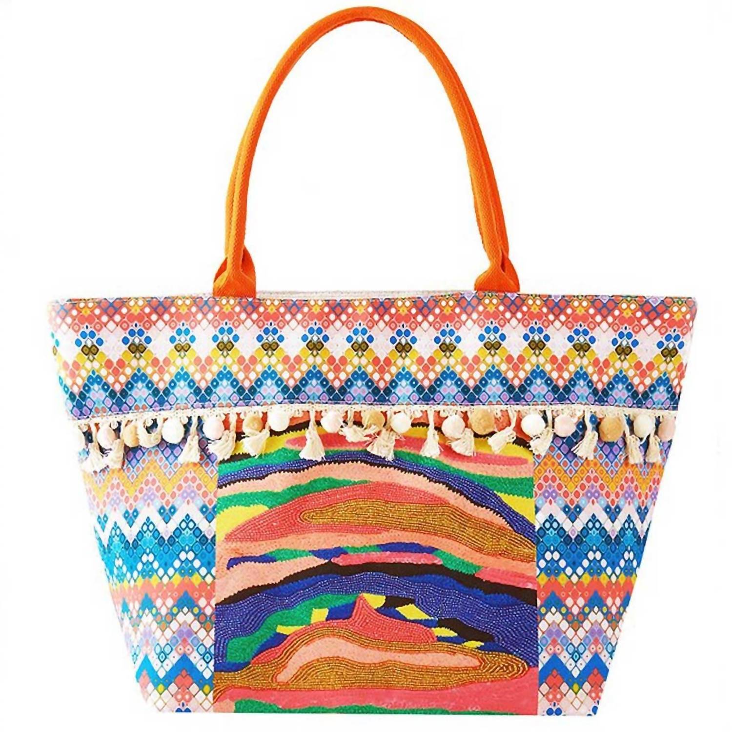 3Am By H&D Accessories - Women's Boho Print Pom Pom Fringe Tote Bag