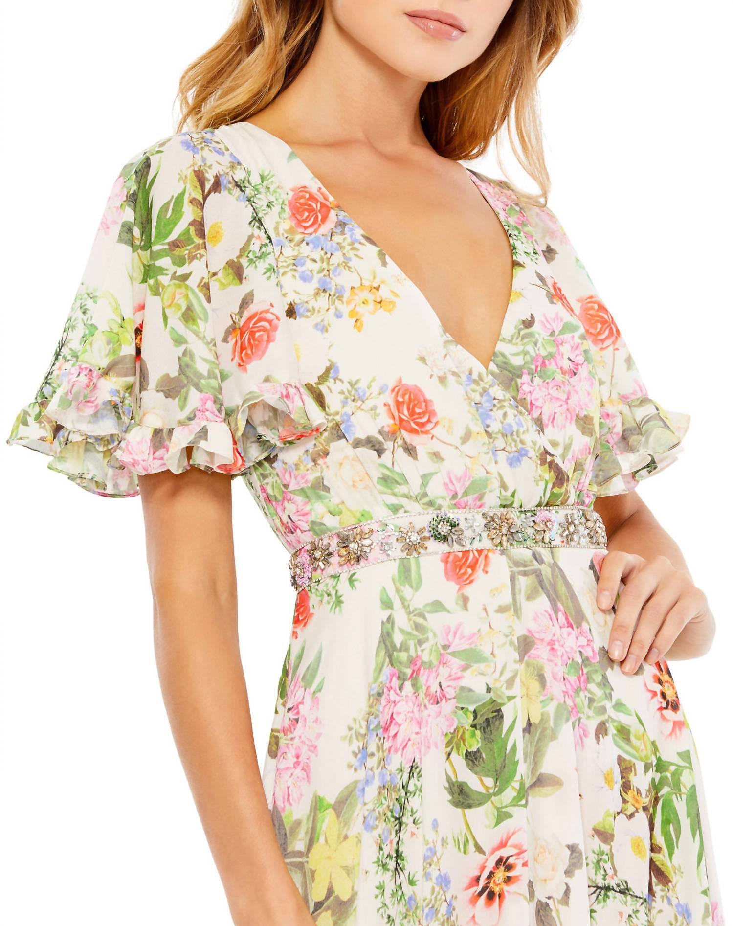 Mac Duggal - Floral Print Faux Wrap Flutter Sleeve A Line Dress