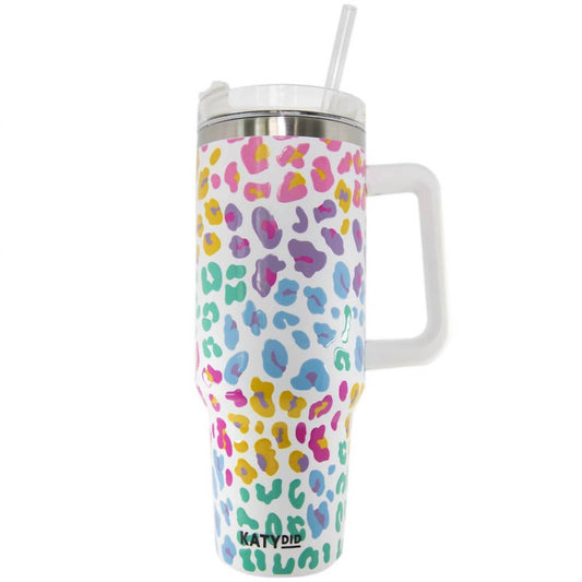 Katydid - Pastel Leopard Printed Stainless Steel Tumbler 40 oz with Handle Straw Lid