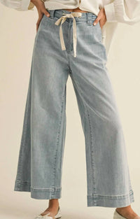 Miou Muse - Washed Denim Pants With Front Tie