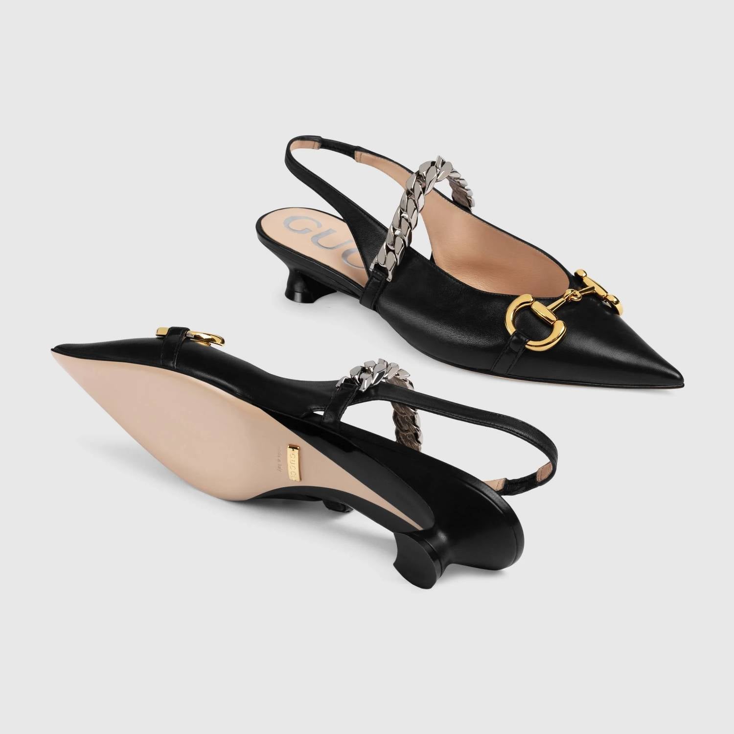 Gucci - Women's Horsebit & Chain Leather Slingback Pump