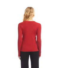 Karen Kane Ribbed V-Neck Sweater in tomato - women's sweater - detail view