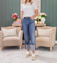 Hidden - Cuffed Tape Cropped Straight Jeans