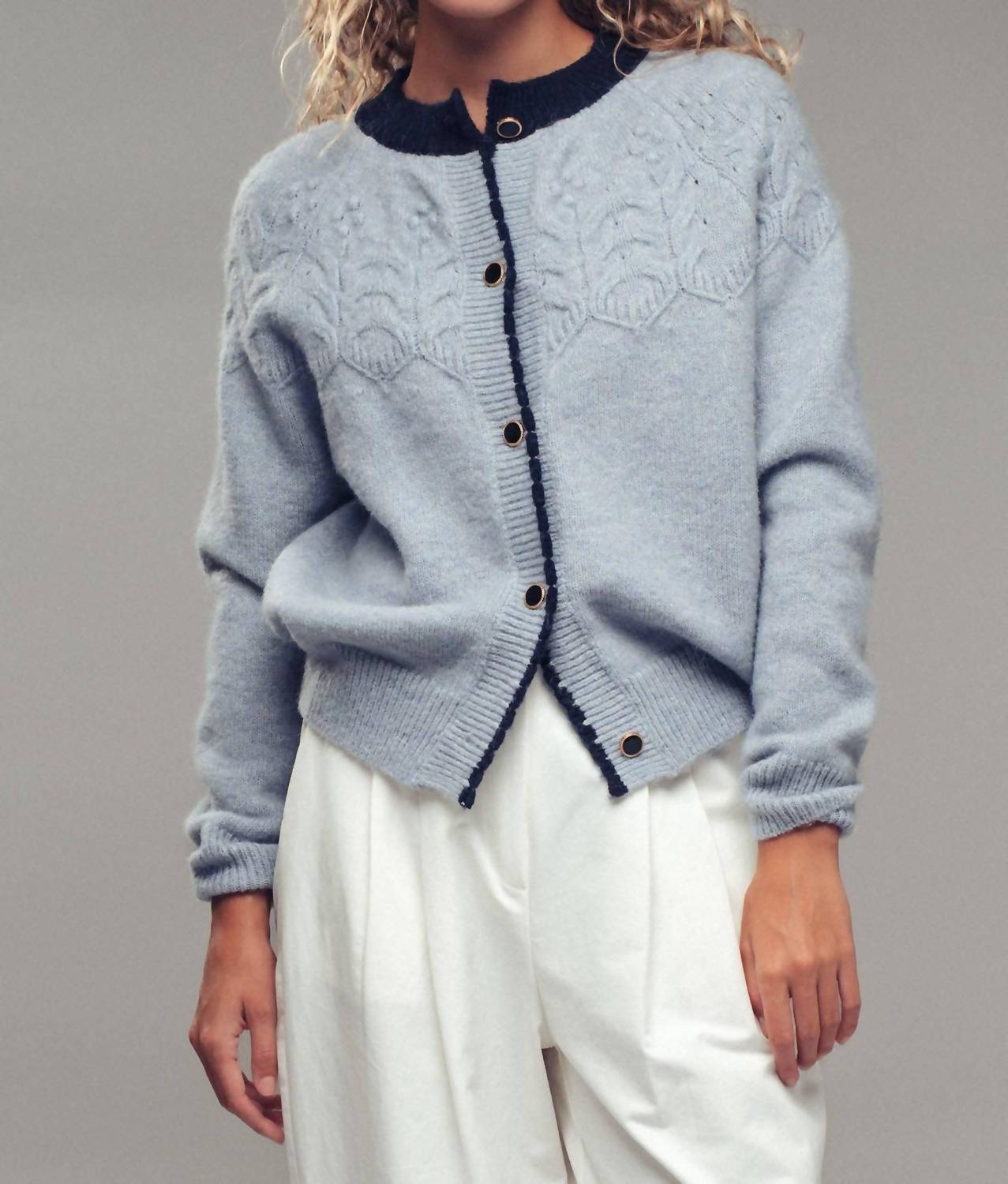Urban Daizy Textured Yoke Detail Cardigan in light blue - women's cardigan