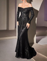 Ladivine - Sequin Off The Shoulder Long Sleeve Evening Gown