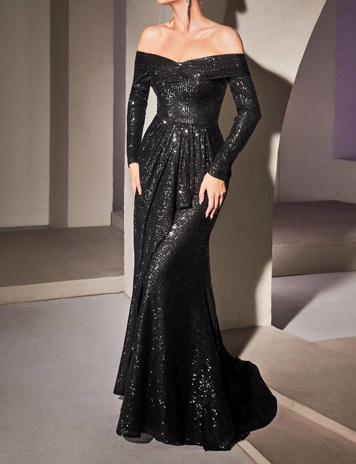 Ladivine - Sequin Off The Shoulder Long Sleeve Evening Gown