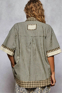POL Print Textured Button Down Shirt in multi - women's t-shirt - detail view