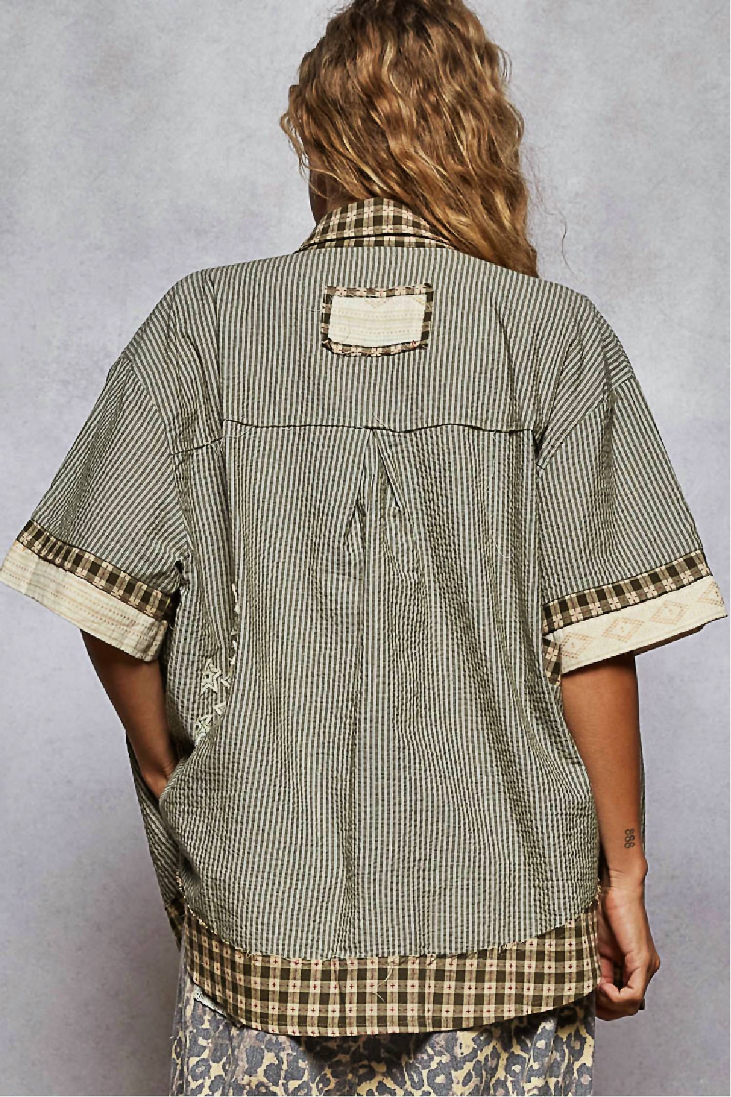 POL Print Textured Button Down Shirt in multi - women's t-shirt - detail view