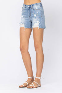 Judy Blue High Waist Rainbow Paint Splash Denim Shorts in blue - women's shorts - alternate view